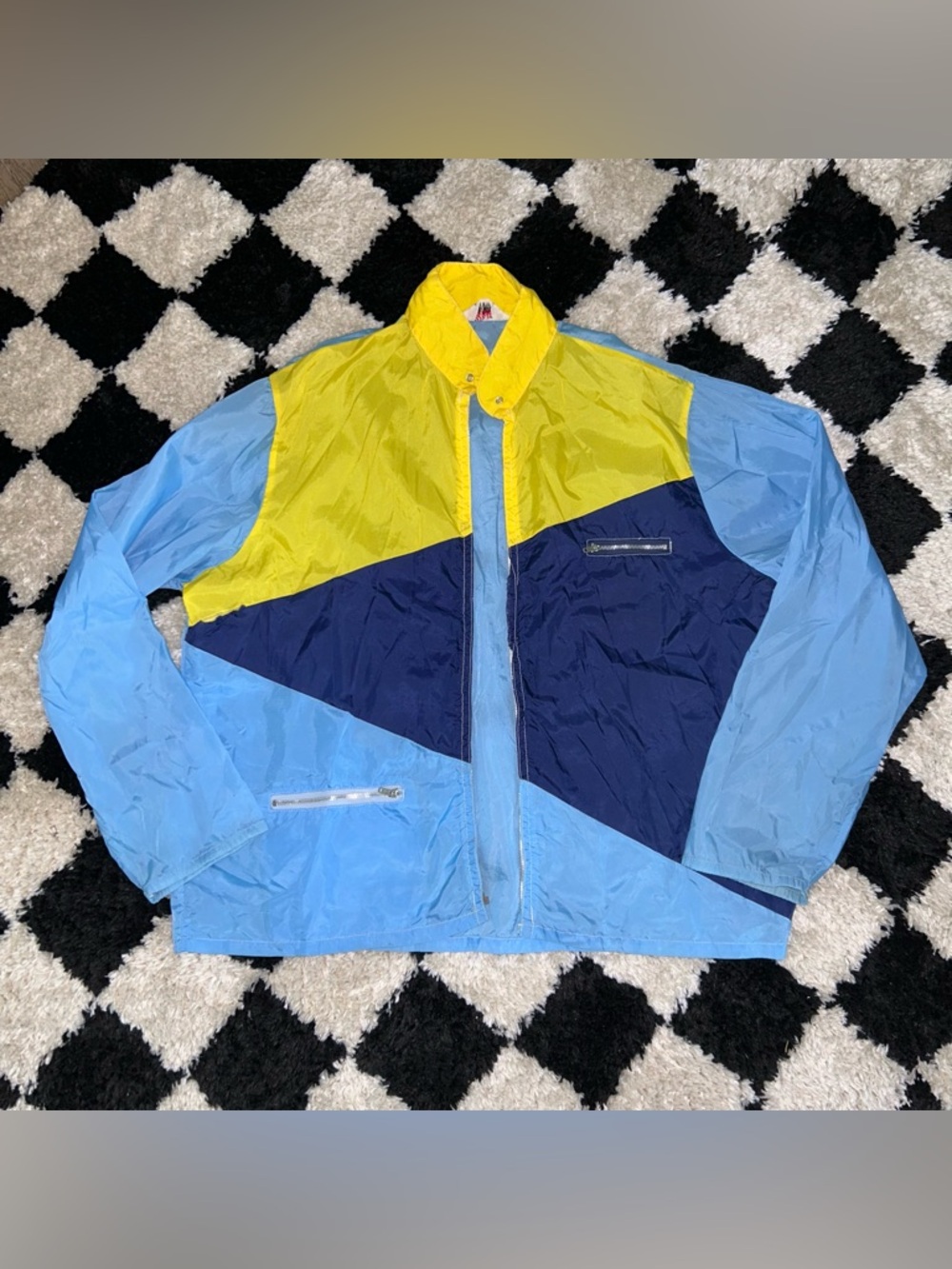 Vintage 1960’s Risa Water Repellent Blue Yellow Geometric Windbreaker Distressed